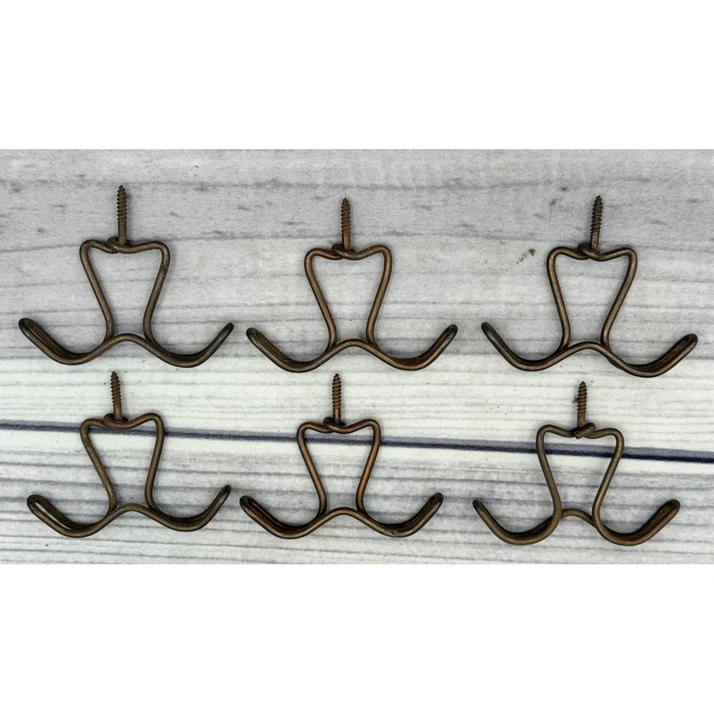 LOT OF 6 ANTIQUE BENT WIRE SCREW IN OVERHEAD / UNDER COUNTER  COAT HOOKS